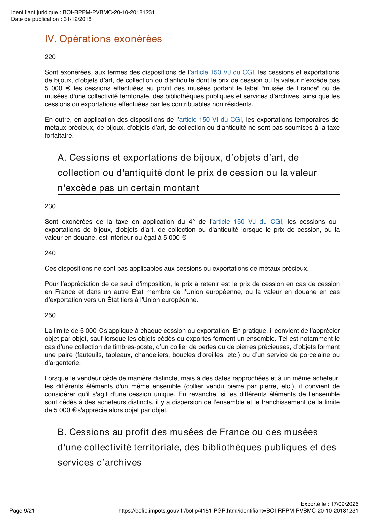 Extrait du BOFiP : le seuil de 5 000 € vise les bijoux et objets assimilés, puis le §240 exclut les métaux précieux, capture exportée le 17 septembre 2026