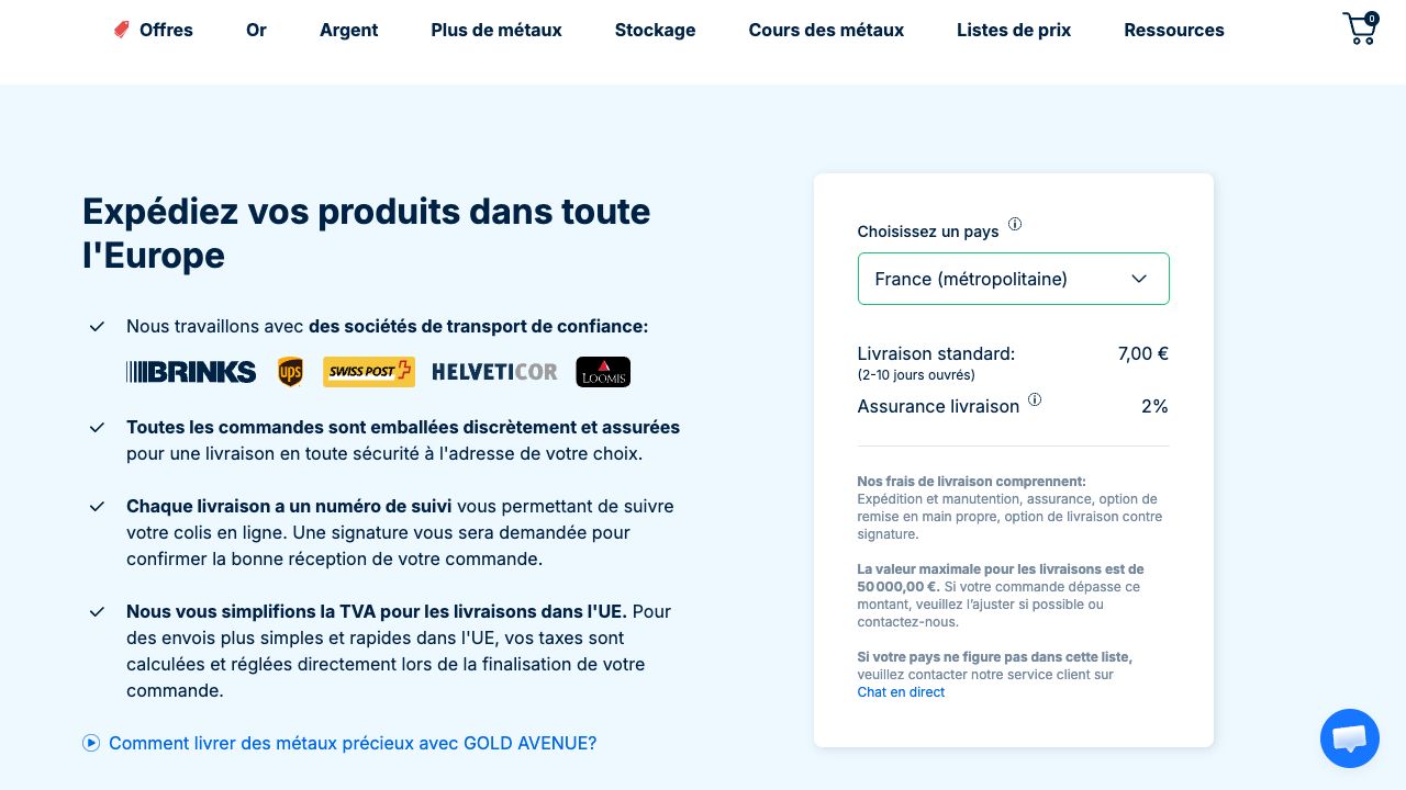 Tarif Gold Avenue sélectionné sur France métropolitaine : livraison standard 7 €, assurance livraison 2 %, délai indicatif 2 à 10 jours ouvrés.